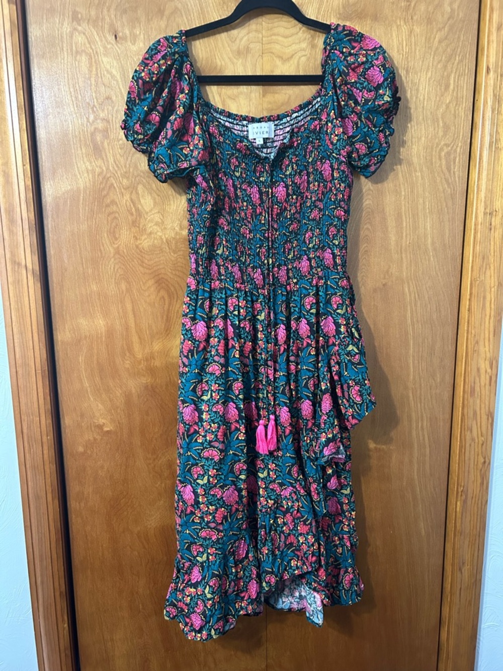 Margaux Rivera Floral Teal and Pink Midi Dress with Puff Sleeves